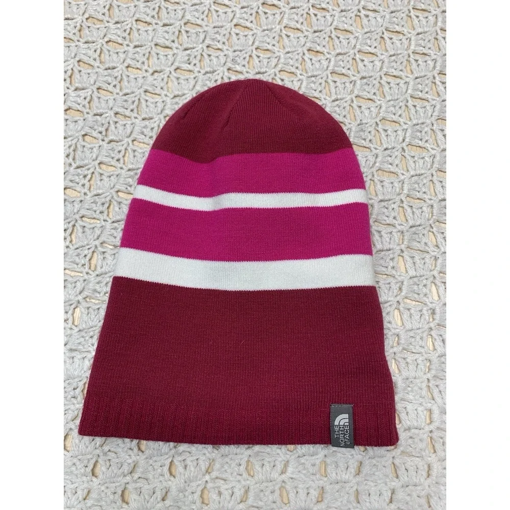 The North Face Beanie Hat Girls One‎ Size Pink White Burgundy Striped Casual